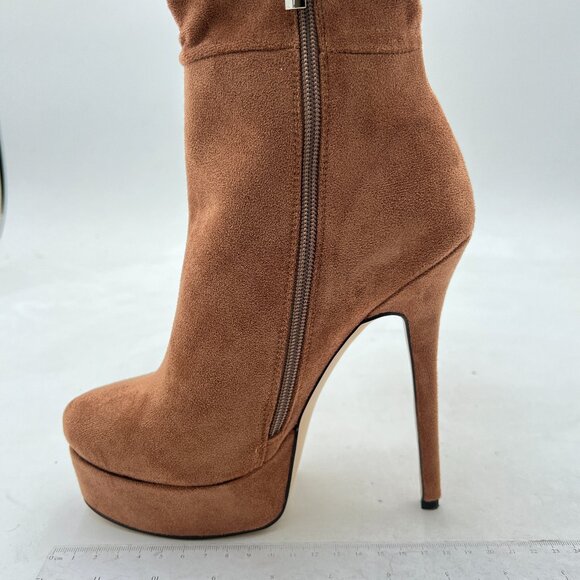 Brown Suede Platform Stiletto Heel Side Zipper Slouchy Stretchy Knee High Boots - Picture 2 of 6